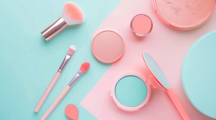 A colorful array of makeup brushes and products on a blue background