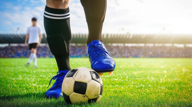 Soccer Player Kicking Ball for Winning Goal at Stadium, Close Up Shot.