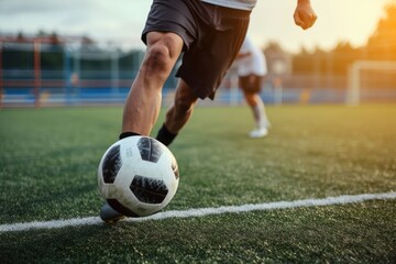 Fototapeta premium Soccer Player Kicking Ball for Winning Goal at Field, Close Up Shot.