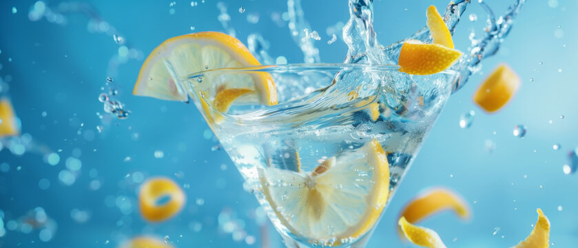 Dynamic citrus splash in a martini glass against a buoyant blue backdrop.