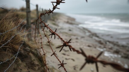 Obraz premium During the Normandy landings in World War II metal barbed wire served as a vital protection measure along the beaches