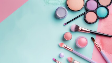A colorful array of makeup products, including a blue, pink, and purple powder
