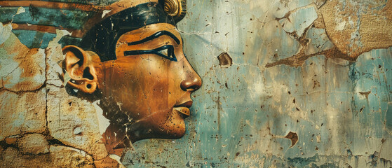 Artistic mural portrait of an ancient Egyptian figure on cracked wall.