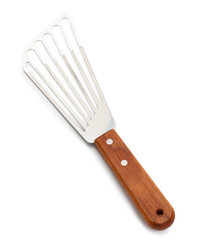 A silver spatula with wooden handle