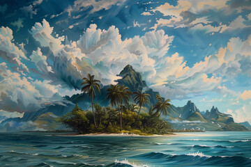 Dramatic island illustration, summer vacation background - obrazy, fototapety, plakaty