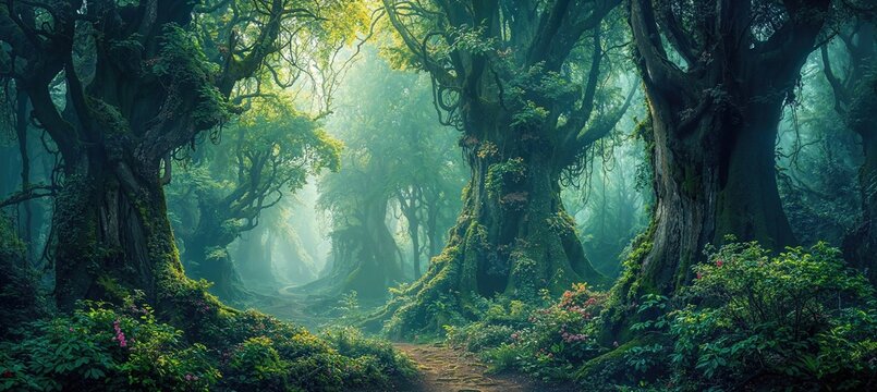 Fantasy Forest with Lush Green Vegetation. Springtime Fairy-tale Environment Background.