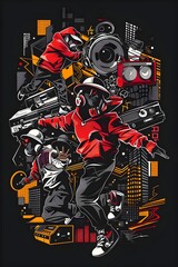 Vibrant Streetwear of a Hip Hop Dance Crew with Breakdancers Boomboxes and Cityscapes on a Black Background
