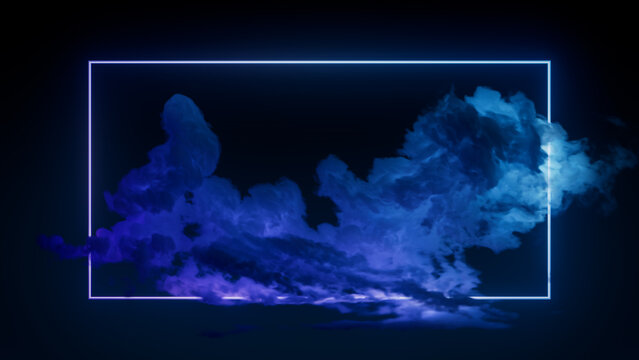 Cyberpunk Background Design. Cloud Formation with Blue and Purple, Rectangle shaped Neon Frame.