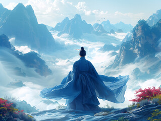 Man in traditional Chinese dress overlooking mist-shrouded mountains