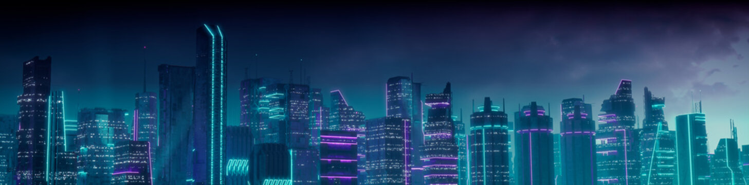 Futuristic Metropolis with Purple and Cyan Neon lights. Night scene with Futuristic Architecture.