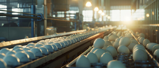 Industrial conveyor belt with a multitude of eggs illuminated by factory light.