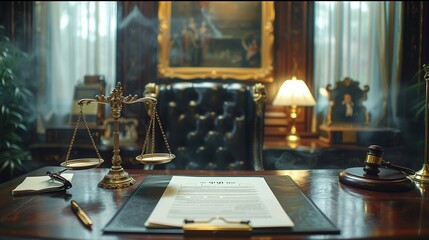 A legal document on international regulations displayed on an elegant desk setting, with golden scales of justice in the frame 8K , high-resolution, ultra HD,up32K HD - obrazy, fototapety, plakaty