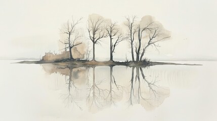 A serene and minimalist watercolor painting of leafless trees on islands, reflected in the calm waters of a lake