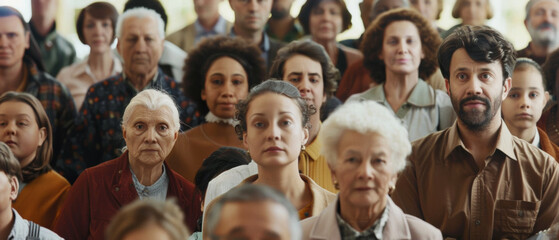 Fototapeta premium Diverse audience with varying expressions intently watching an event.