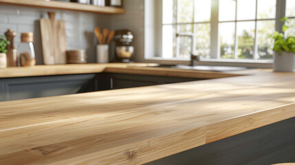 Empty wooden counter on a bright kitchen counter, perfect for displaying or showcasing products.
