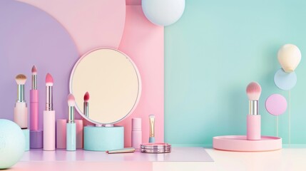 A pink background with a variety of makeup items including a brush