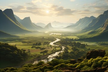 Myanmar landscape. Majestic Sunrise Over Serene River Valley with Lush Greenery.