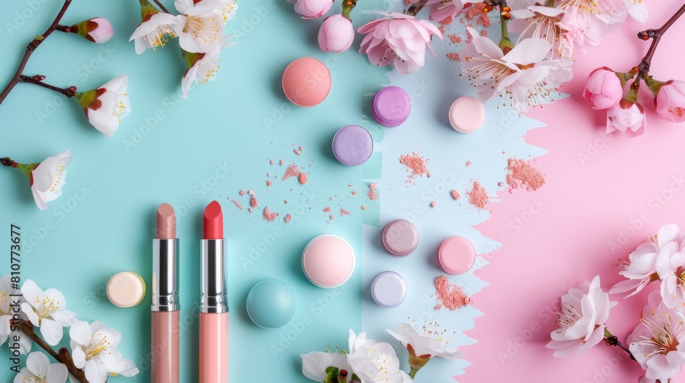 Wall mural A pink and blue background with a bunch of makeup and pastries