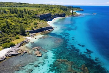 Nauru landscape. Aerial View of Tropical Blue Lagoon with Lush Greenery and Rocky Cliffs.