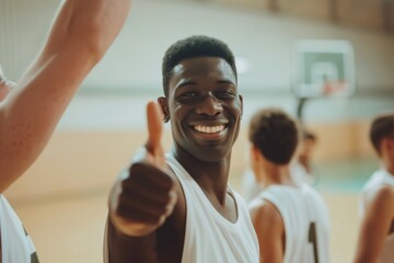 African male basketball player giving thumbs up on court, posing for photo. Fictional Character Created By Generative AI.