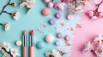 A pink and blue background with a bunch of makeup and pastries - obrazy, fototapety, plakaty