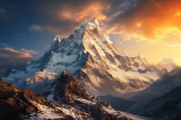 Nepal landscape. Majestic Sunset Over Snow-Capped Mountain Peaks.