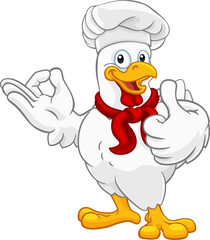 A chef chicken rooster cockerel cartoon character mascot doing a chefs okay perfect hand sign and thumbs up