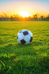 Obraz premium Soccer ball on field during sunny day, closeup shot.