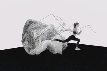 Composite collage picture image of stretching female lunge squat pile trash sportswoman unusual...