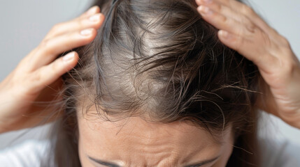 Naklejka premium Hair loss can happen during or after pregnancy, or because of menstrual or hormone problems, or stress. It is common to lose hair when combing.
