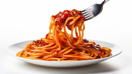 a fork full of spaghetti and red sauce, pure red background - obrazy, fototapety, plakaty