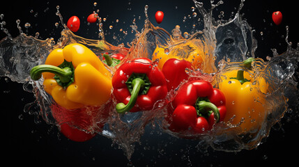 Pepper poster, several peppers closeup, splash, solid background, illustration, light details, 8k - obrazy, fototapety, plakaty