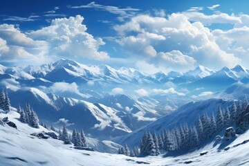 Obraz premium Sochi landscape. Majestic Winter Landscape with Snow-Covered Mountains and Pines.