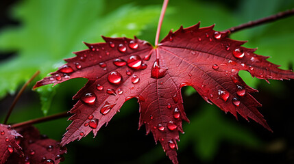 rain drop on maple leaf macro shot with nikon d850 and 105mm macro lens - obrazy, fototapety, plakaty