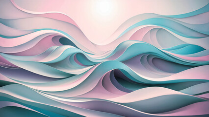 Background for computer screen. Abstract ocean waves in soft pastels (blue, pink, purple). Fluid movement, serene & calming.