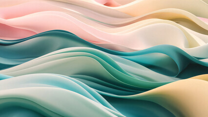 Fototapeta premium Background for computer screen. Soft pastel waves in pink, blue & yellow blend seamlessly. Dreamy, fluid abstract for a calming ocean vibe.