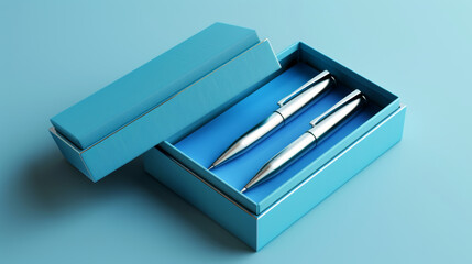 Elegant blue pen set presented inside a matching gift box on a blue background.