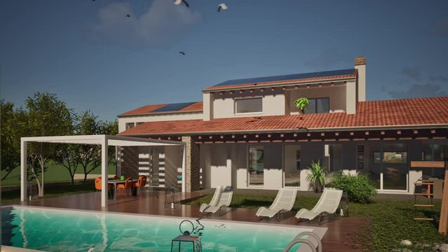 Modellazione 3D e video di edificio residenziale con piscina e bandiera al vento Moldova