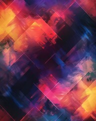 Abstract design featuring layered blocks in red and purple shades.