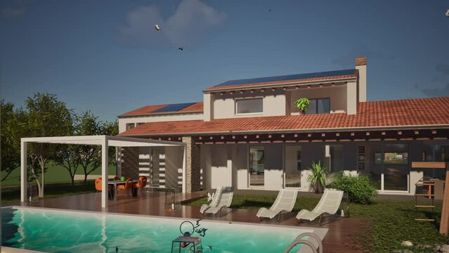 Modellazione 3D e video di edificio residenziale con piscina e bandiera al vento Mexico