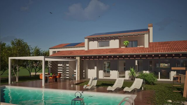 Modellazione 3D e video di edificio residenziale con piscina e bandiera al vento Malta