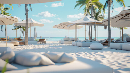 Luxury beachside resort with chic umbrellas and tranquil ocean view.