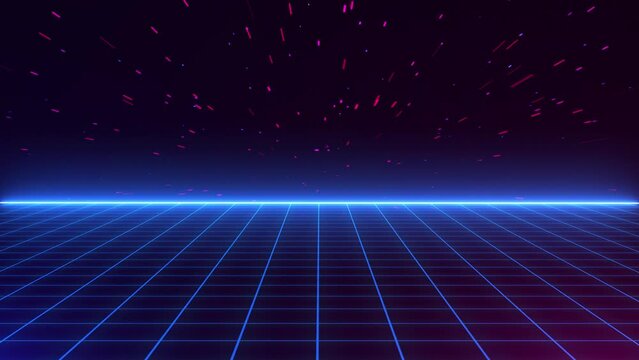 Wireframe net. Abstract digital background. 80s, 90s Retro futurism, Retro wave cyber mesh or grid with flying particles. Neon lights glow