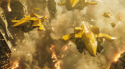 Obraz premium Dynamic scene of futuristic yellow spaceships in aerial combat amidst explosions.