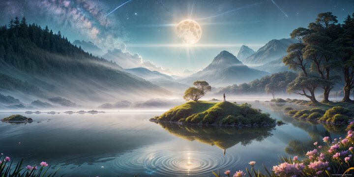 In a stained glass style, envision a slumbering dreamweaver reclining upon a moss-covered islet, enveloped by a soft luminescence emanating from wispy tendrils of fog