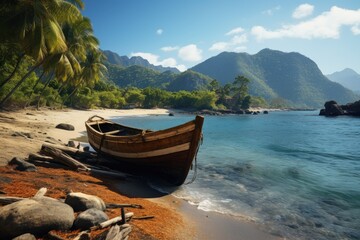 Trinidad and Tobago Serene Tropical Beach with Old Wooden Boat and Lush Mountains.