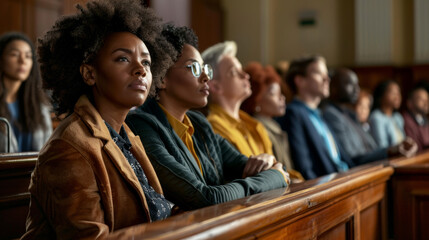Fototapeta premium Attentive audience in court listens intently, immersed in the gravity of legal proceedings.