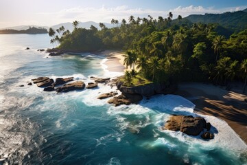 Trinidad and Tobago Picturesque Tropical Beach with Lush Greenery and Rocky Shoreline at Sunrise.