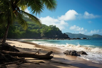 Trinidad and Tobago Idyllic Tropical Beach with Lush Greenery and Clear Blue Sky.