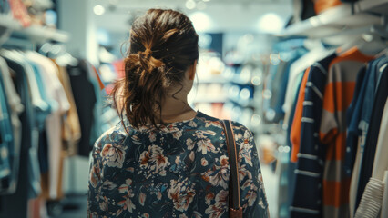 Contemplative woman browsing through clothing at a fashion store.